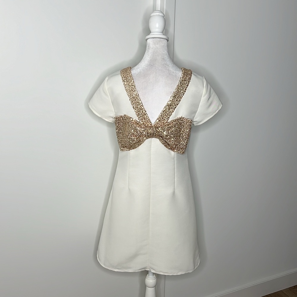 Sail to Sable Winter White Ivory & Gold Sequined Allie Bow Back Dress Size XS